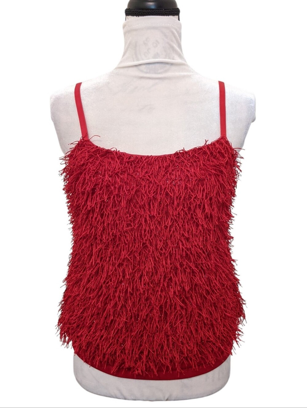 Red Fringe Camisole Cropped Sparkly Stretchy Adjustable Holiday Dance Size L